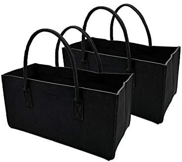 RAIKOU KULT Filz-Tasche Shopper NEU Filzkorb Einkaufstasche Henkeltasche Zeitungskorb Stabile Kaminholztasche Zeitungsständer auch für Spielzeug Garten Picknick Strand (50x25x25cm, Schwarz-2 Stück)
