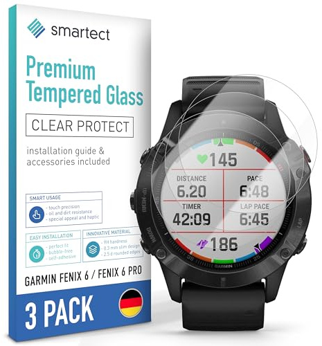 smartect Schutzglas 3 Stück für Garmin Fenix 6 / Fenix 6 Pro | (NOT 6s, 6s PRO, 6X PRO) HD Panzerfolie Anti-Kratzer, Displayschutz 0.3 mm Ultra-klar, 9H Härte, Stoßfest, Blasenfrei