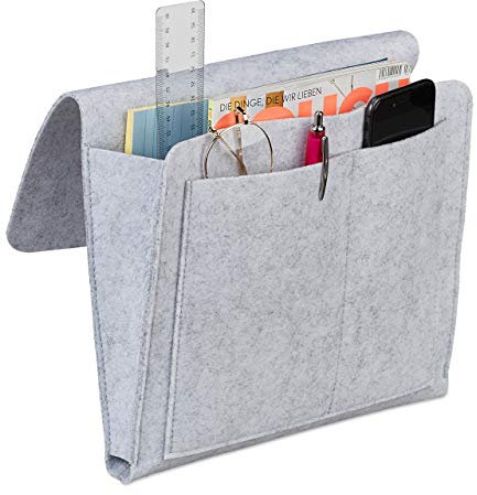 Relaxdays Betttasche, zum Einhängen, 5 Fächer, Aufbewahrung Bett & Sofa, Filz Bettorganizer HBT 26 x 28 x 5 cm, hellgrau