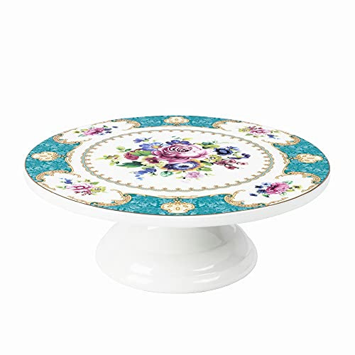 fanquare Bandejas de Tartas de Porcelana Floral, Plato Redondo Azul para Tarta con Ribete Dorado, Suministro de Decoración de Postres(26 cm)