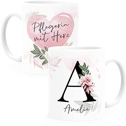 SpecialMe® Kaffee-Tasse mit Name und Spruch mit Herz Initiale Monogramm Dankeschön personalisierte Geschenke Pflegerin weiß Keramik-Tasse