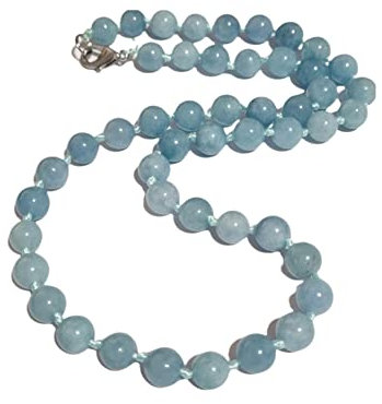 Treasure Bay Women's Handmade Gemstone Beaded Necklace 8mm Natural Rose Quartz, Tiger's Eye, Aquamarine, Agate necklace for Women Ladies and Girls (Blue Aqua)
