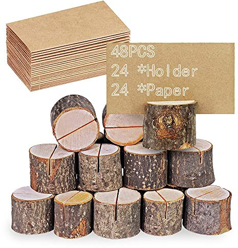 Packung Mit 48 Stück, Tischkartenhalter Aus Wood für Tischkarten, Holz Holzsteg Kartenhalter, Karteninhaber Holz, Geeignet für Hochzeiten, Büros, Wohnungen (24 Karteninhaber+ 24 Blätter)