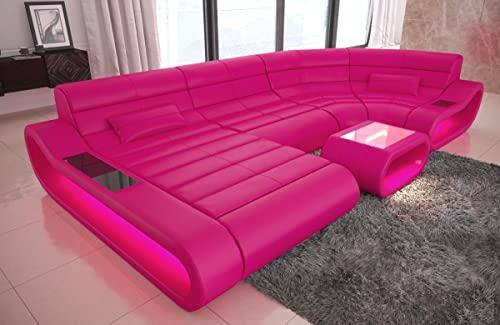Wohnlandschaft Concept U Form Sofa in Leder - mit LED Beleuchtung, ergonomische Rückenlehnen, Recamiere/Lederfarben wählbar/Ausrichtung Ottomane wählbar (Ottomane Links, Pink)