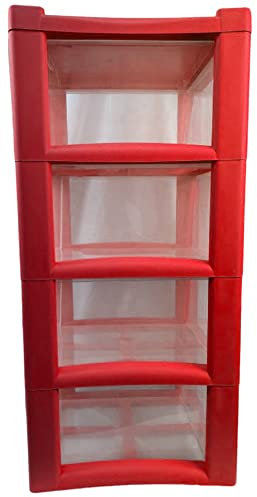4 Drawer Large Plastic Storage Drawer Tower Perfect for Schools, Offices and Children's Toys Storage Solution (Red)