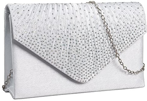 NiCoLa Women Satin Envelope Clutch Bags, Silver Evening Shoulder Bags with Detachable Chain Strap for Wedding Prom Party
