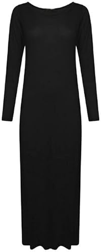 New Women’s Long Sleeve Maxi Dress Stretchy Ladies Plain Jersey Round Scoop Neck Casual Style Plus Size UK 8-26 Black