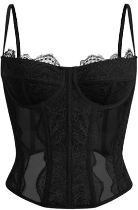 Dealmore Tops de corsé con tirantes de espagueti y malla de encaje para mujer, para una cita o salir por la noche de fiesta o a un club, Negro -, XS