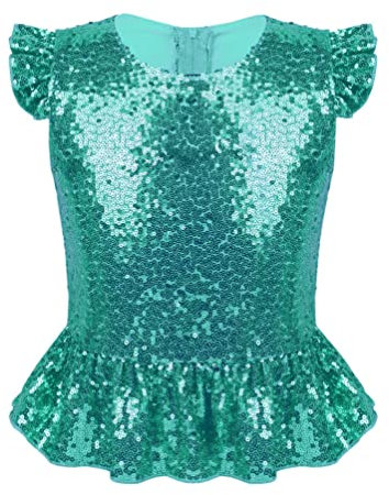 inhzoy Kinder Mädchen Pailletten Top T-Shirt Glitzer Shirt Oberteil Glitter Top Tanzoberteile Party Fest Geburtstag Verkleidung Blaugrün 122-128/7-8 Jahre