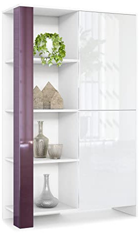 Vladon Highboard Canto, Made in Germany, hoher Schrank mit 2 Türen und 8 Fächern, Korpus Weiß matt, Fronten Weiß Hochglanz, Dekor-Paneele Brombeer Hochglanz (95 x 151,5 x 36 cm)