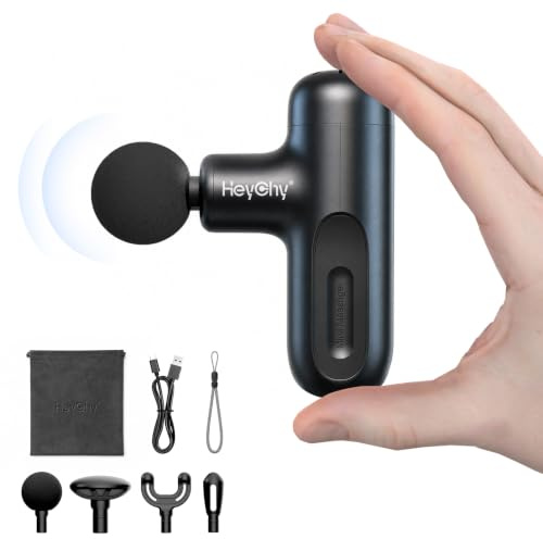 HEYCHY Mini Massagepistole Massagegerät, 4 Aufsätze 5 Stufen, Schwarz | 3000 RPM, Tiefenmassage Nacken Rücken Schulter Beine, Leise Tragbar USB, Geschenk Männer Frauen Sportler, Zuhause Outdoor