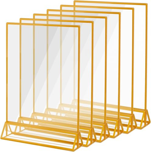21,6 x 28 cm Soporte de letrero acrílico vertical con bordes de oro, Menú de mesa de doble cara transparente marcos de imágenes para números de mesa de bodas, letreros de restaurantes - 6 paquete