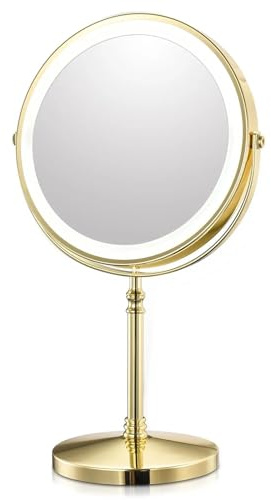 KEYQEEN Miroir de Maquillage sur Pied éclairé, Miroir de courtoisie grossissant 10X, Miroir de Rasage LED Double Face avec Chargement USB et Gradation,d'or