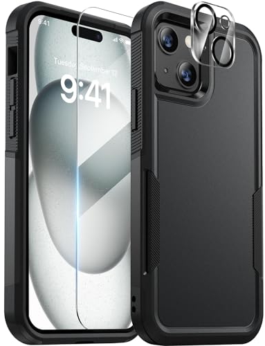 Diaclara für iPhone 15 Hülle, mit 9H Gehärtetem Glas Bildschirmschutz und Kameraobjektivschutz [Militärische Fallschutzklasse] Hochbelastbare, Stoßfeste Handyhülle, Schwarz