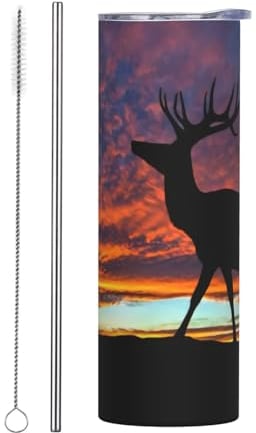 Red Deer Bull Elk Sunset Print Insulated Mug Tumbler with Straw, 20oz Stainless Steel Car Thermal Mug, Vacuum Travel Mug Water Bottle