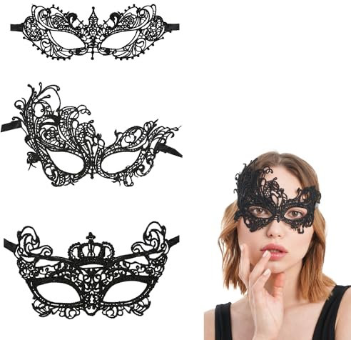 Tinkber 3 Pcs Elegant Lace Masquerade Set - Black Half Face Mask for Fancy Dress, Carnival Ball & Halloween Parties - Gothic Eye Cover for Women, Mysterious Dance Accessories
