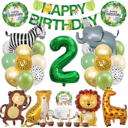 Dschungel Deko 2 Geburtstag, Dschungel Geburtstagsdeko 2 Jahr, Safari Tiere Folienballon 2, 41 Stück Waldtiere Luftballon Dekoration, Waldtiere Grüner Luftballon für Mädchen Junge Kinder