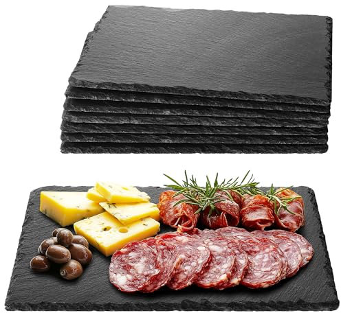 Navaris Planche ardoise pour fromage apéro tapas charcuterie dessert - Lot 8x plateau en ardoise 30x20 cm - Assiette rectangulaire pour service plat