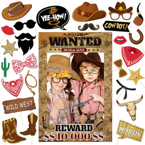 Western Wanted Photo Booth Prop Selfie Frame Kit – Cowboy-Themenparty-Dekorationsset – Wilder Westen Wanted Poster für Cowgirl Rustikales Partyzubehör – 70 x 47 cm