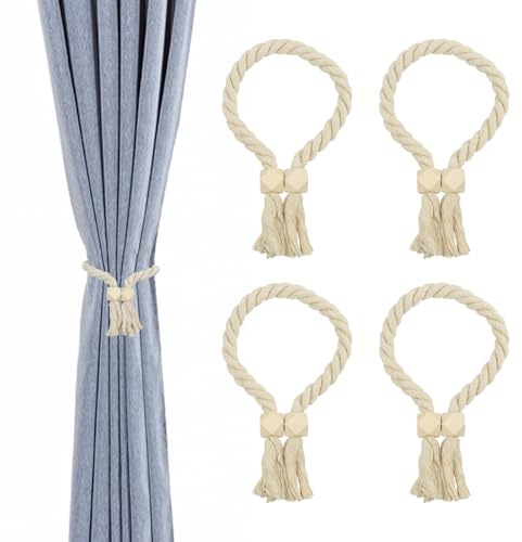 WPPQWP Gardinen Raffhalter Magnetisch 4 Stück, Beige Vorhang Raffhalter aus Baumwollseil mit Quasten, Magnetische Gardinenhalter ohne Bohren für Vorhänge, Wohnzimmer, Schlafzimmer und Büro