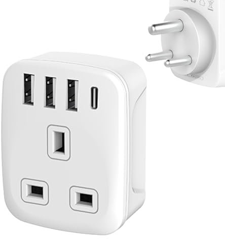 UK to India Plug Adapters, India Power Converter with 4 USB (1 USB C) Grounded Universal Travel Adapter 3 pin for India,Sri Lanka,Pakistan,Burma,Yemen etc (Type D travel adapter)