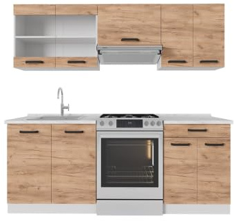 Vicco Küchenzeile R-Line, Goldkraft Eiche/Weiß, 200 cm | 5 Module · Höhenverstellbare Füße · AP Eiche inkl. · Robuste Fronten · Mit Glasschrank · Frei kombinierbar