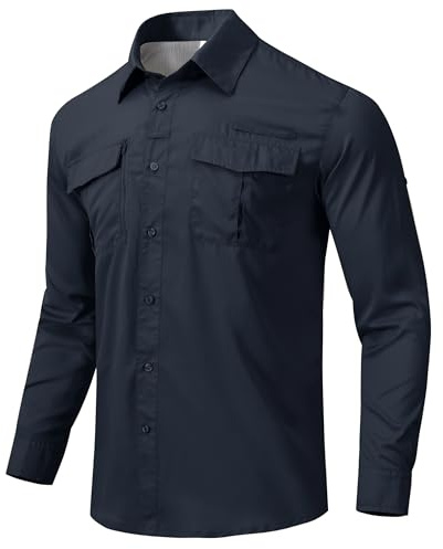 MoFiz Homme Chemise de Sport à Manches Longues Légère Chemise Boutonnée de Pêche Randonnée Fonctionnelle Loisirs Shirt d'Extérieur Respirante à Séchage Rapide Azul Marino EU XL