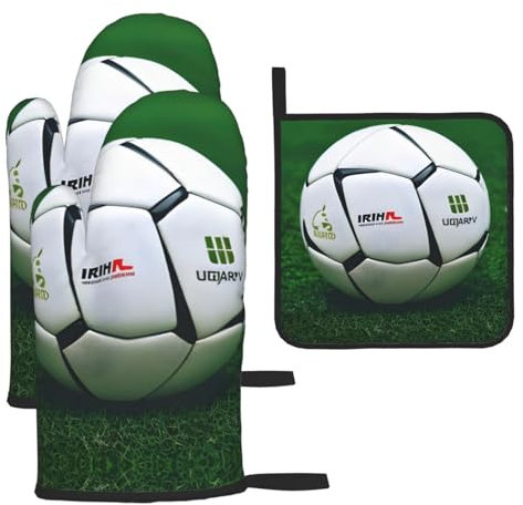 Set di 3 guanti da forno e presine a forma di palla da calcio, colore bianco, ideali come regalo per la famiglia per cucinare in cucina, resistenti al calore, set da 3