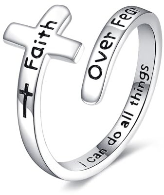 HUKKUN Glaube über Angst Ring Sterlingsilber Christlicher KreuzGlaubens Ring für Frauen