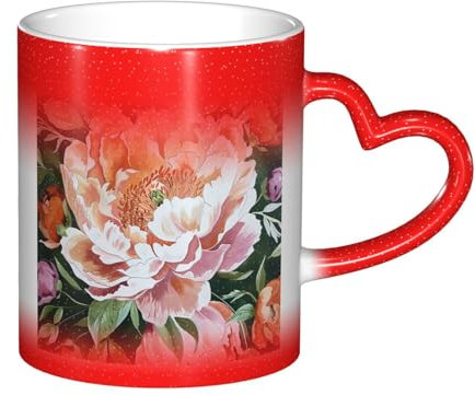 JTNWEC Kaffeetasse mit Pfingstrosen-Druck, wärmewechselnd, magische Tasse, lustige Keramik-Teetasse, 325 ml, Rot