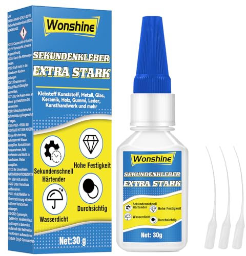 Sekundenkleber Extra Stark, Superkleber Wasserfester und Hitzebeständiger, mit Anti-Trocknungsspitze, Super Glue für Alles, Plastik, Keramik, Kunststoff, Glas, Holz, Metall uvm, 30 g