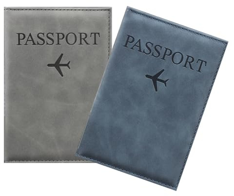 Generisch Reisepasshülle, 2er Set PU-Leder Reisepass-Etui mit RFID-Schutzfunktion, geeignet für Reisepass, Kreditkarten, Personalausweis, Bordkarte, Visitenkarten (grau + blau)