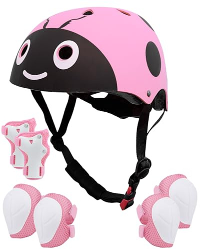 Kids Helmet and Pads Set 3-8 Years Old, Cartoon Bike Helmet Kids for Cycling, Scooter, Skating, Safety Gear for Boys Girls. Pink