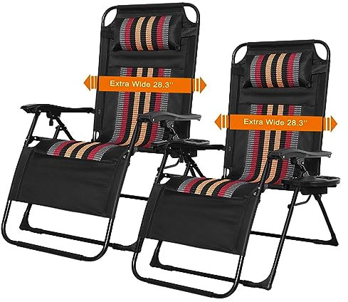 Set mit 2 verstellbaren Schwerkraftstühlen mit Getränkehalter und Telefonhalter, Liegestühle für Terrasse, Camping, Strand und Pool, faltbare Sonnenliegen und Entspannung
