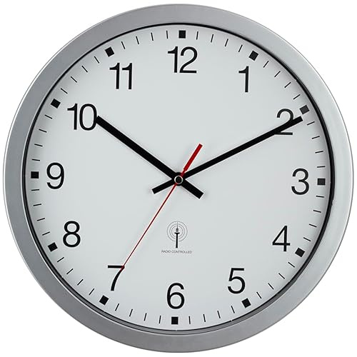53831-07-Eurotime Funkwanduhr 30 cm, 12 Zahlen Zifferblatt, Kunststoffgehäuse und Echtglas, Zeigersatz schwarz Uns Sekunde rot