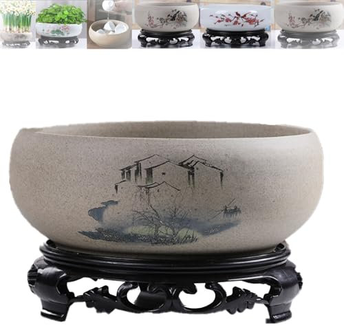 Macetero de cerámica con soporte, cuenco de flor de loto 2025 hidropónico, cuenco de loto, para oficina, jardín, interior y exterior (Jiangnan, L)