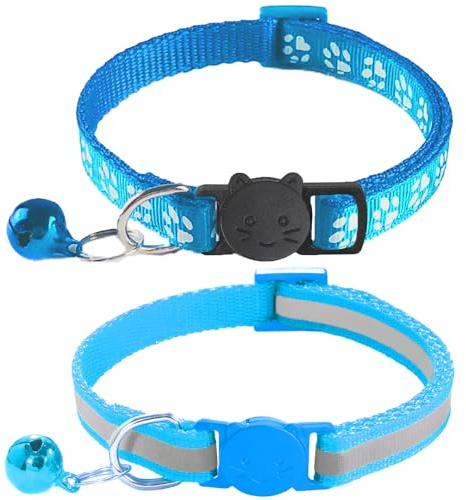 zulinlong 2 Pack Breakaway Cat Collars with Bells, Reflective Design and Claw Print Design, Safety Buckle Kitten Collars Adjustable from 7.5 to 12.5 Inches (Sky Blue)