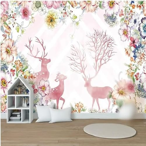 Bunte Pflanzen Rosa Blumen Elch 3D Tapeten Tapete Luxus Home Esszimmer Fototapete Effekt Wohnzimmer Schlafzimmer Kinderzimmer-250cm×170cm