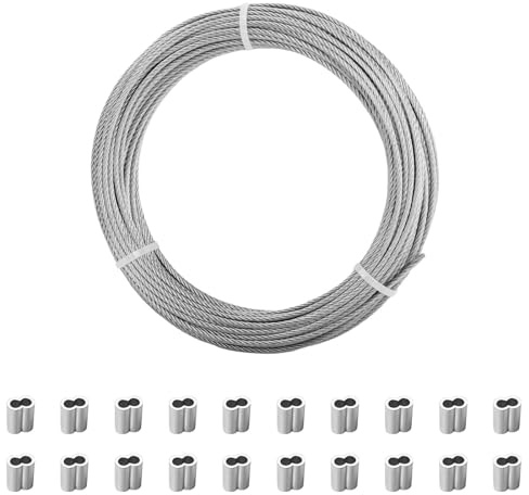 ANOMM 20m x 2mm Garden Wire Rope, Stainless Steel Cable Rope with 20 PCS Aluminum Crimp Sleeves, 7x7 Strand Wire Ropes, Steel Cable for Garden Climbing Plants, Hanging Paintings and Outdoor Garden Use