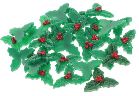 OFFSCH 30pcs Christmas Leaf Ornaments Xmas Holly Craft Small Leaves Decorations Holly Berries Twig Stem Crafts Accessories Resin Green