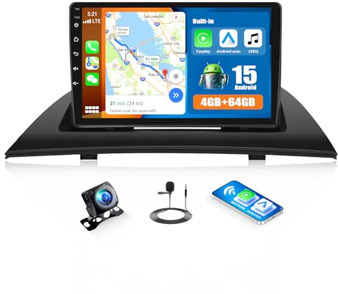 CAMECHO 4G+64G Android 15 Autoradio mit Navi für BMW X3 E83(2004-2012),Doppel Din Autoradio mit Carplay Android Auto,9 Zoll Bildschirm RDS/FM Mirror Link Bluetooth und USB+Rückfahrkamera