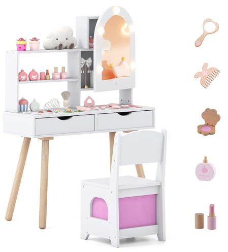 COSTWAY Kinder Schminktisch Set mit LED Spiegelschrank, Frisiertisch Prinzessin mit Beleuchtung, 2 Schubladen, 3 Haken & Zubehör, Kinderschminktisch Holz, Kosmetiktisch für Mädchen ab 3 Jahren (Weiß)