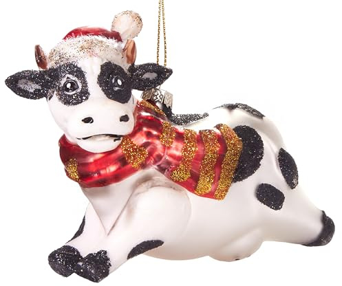 BRUBAKER Kuh Weihnachtskugel aus Glas mit Weihnachtsmütze und Schal | Handbemalt & Mundgeblasen - Bauernhof Christbaumschmuck Figuren lustig Deko Anhänger Baumkugel - 11 cm