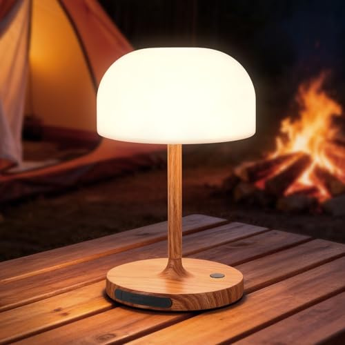 Vikdio Lampara de Mesita de Noche, Lámpara de Mesa Sin Cable, Luz LED Recargable con Pantalla Redonda, Iluminación Táctil Para Uso en Interiores/Exteriores Baños y Salones - Acabado en Madera