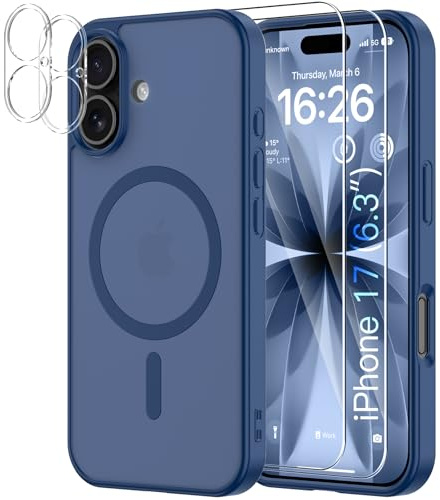 YNMEacc 5 in 1 Magnetic for iPhone 17 Case 6.3-Inch with 2X Screen Protector + 2X Lens Protector, [Compatible with MagSafe] Military-Grade Protection, Slim Shockproof Anti-Scratch Cover - Blue