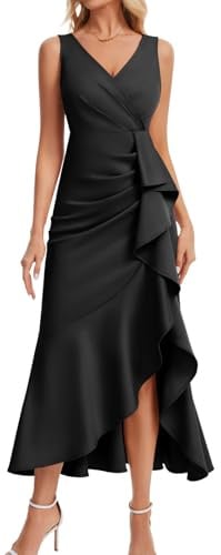 DRESSTELLS Cocktail Dresses for Women UK, Summer Formal Wedding Guest Bridesmaid Party Evening Gown Prom Church Split Ruched Ruffle Aline Maxi Dress Black L
