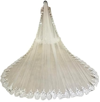 TXLEAPEY Vollrandiger Spitzen-Hochzeitsschleier, eine Lage Brauttüll mit Kamm(WHITE,250cm)