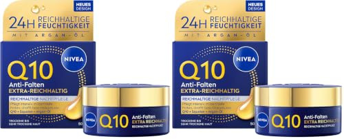 NIVEA Q10 Anti-Falten Nachtcreme, straffende Gesichtspflege mit Q10, Squalan und Bio Argan-Öl, Gesichtscreme für sehr trockene Haut, EXTRA-REICHHALTIG Reichhaltige Nachtpflege (50 ml) (Packung mit 2)