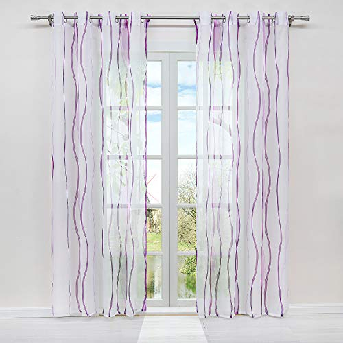 HongYa 1er-Pack Voile Gardine Transparenter Vorhang mit Ösen Wellen Druck H/B 245/140 cm Weiß Beere