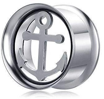 BlackAmazement Flesh Tunnel Plug Inlay Piercing 316L Edelstahl Anker Marine Seefahrer Silber Damen Herren (16 mm - 1 Stück)
